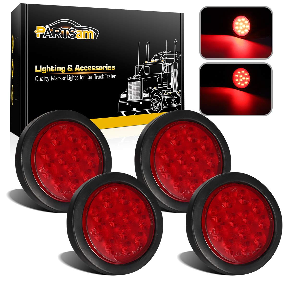 Partsam 4Pcs 4 Inch Round LED Trailer Tail Lights Kit - Red 12 LED Waterproof Brake Stop Turn Signal Lights for Trucks, RVs, Boats, UTE & UTV - 12V Sealed Flush Mount with Grommet Plug Included | Durable Marker Lights for Night Driving & Towing Safety