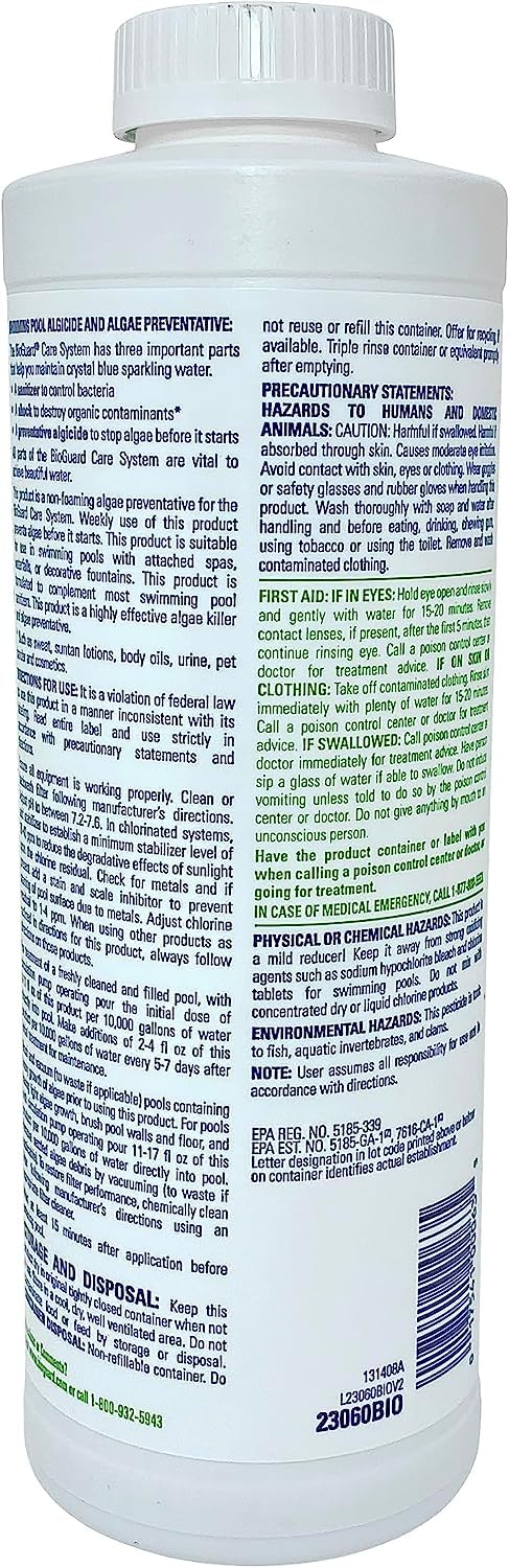 BioGuard® Algae All 60® Swimming Pool Algaecide - Non-Foaming Algae Preventative with LeisureQuip ScumBoat & Pool Care Log Book - for Inground & Above Ground Pools - Keep Your Pool Crystal Clear All Season