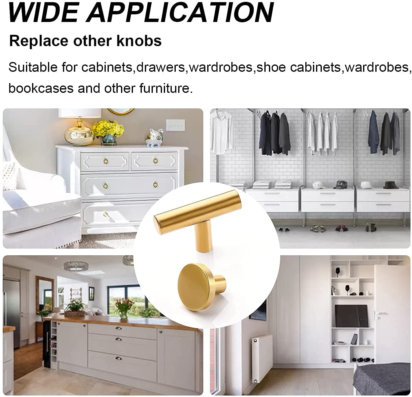 Stainless Steel Cabinet Knobs - 6 Pack Silver T-Bar Drawer Pulls for Kitchen Cabinets, Single Hole Furniture Handles (50mm/2 Inch Length, Gold 2) - Perfect for Modern Home & Office Storage Organization