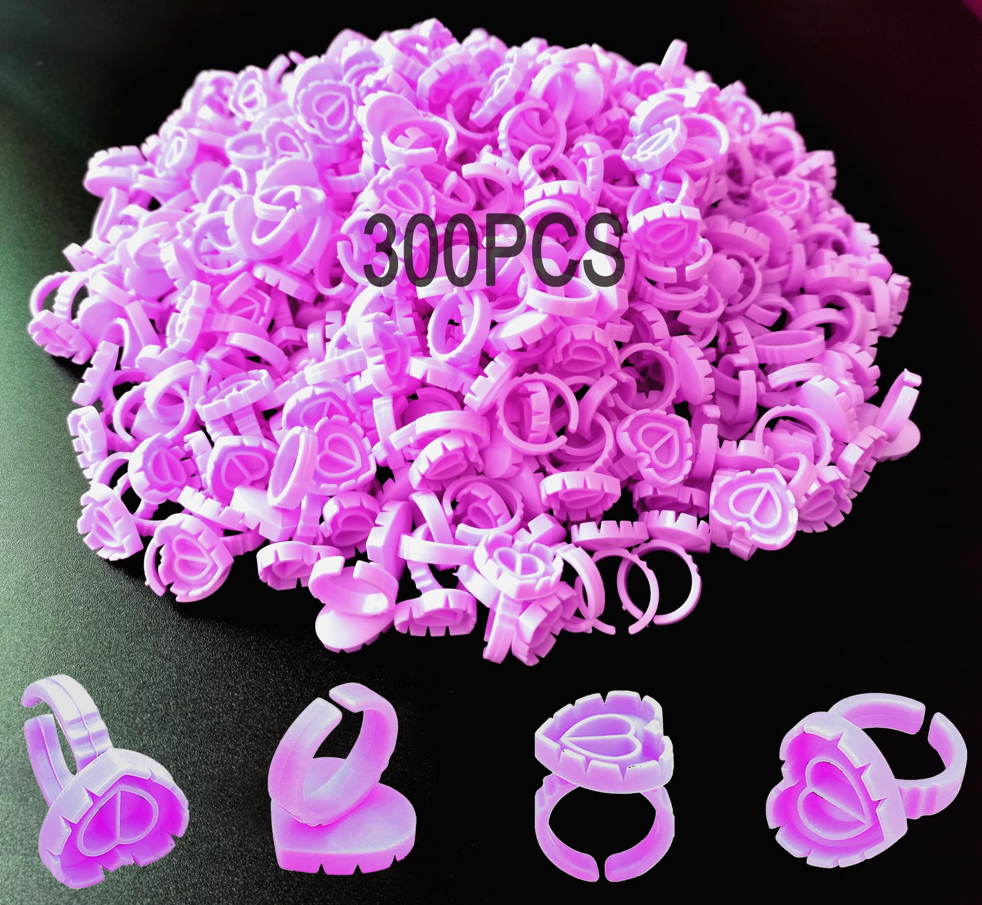 300 PCS Eyelash Extension Glue Rings - Heart & Blossom Design Lash Glue Holder Cups for Professional Eyelash Artists | Purple Smart Glue Dishes for Fanning & Extension Supplies | Perfect for Salon, Home Use & DIY Lash Kits