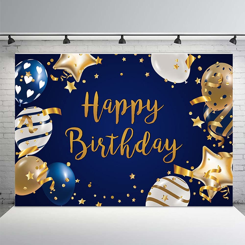 MEHOFOND Navy Blue & Gold Happy Birthday Banner Backdrop - 7x5ft Vinyl Photography Background for Men's Birthday Party Decor, Cake Table, Studio & Photo Booth Props | Perfect for Indoor & Outdoor Celebrations