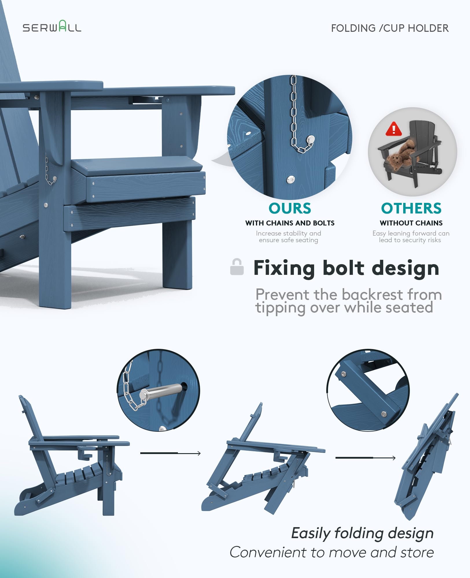 SERWALL Folding Adirondack Chair Set of 2 - HDPE Plastic Outdoor Patio Furniture with Wood-Like Finish in Navy Blue - Perfect for Backyard, Poolside, and Beach Relaxation