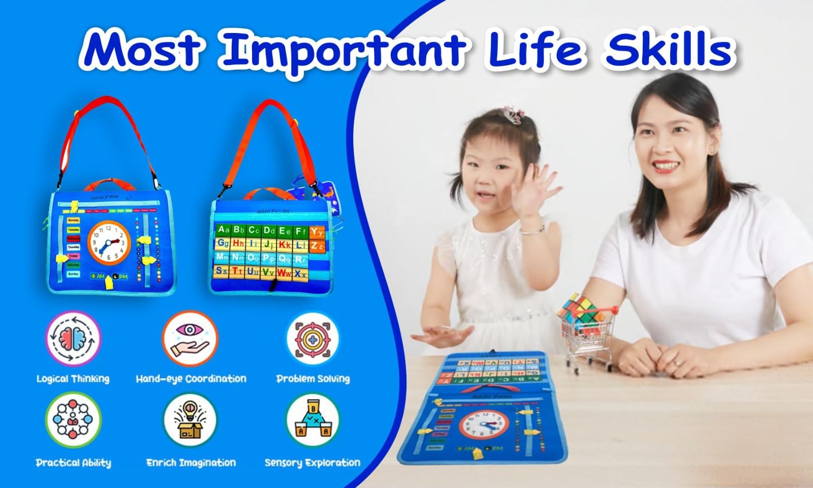 **Montessori Busy Board for Toddlers 1-4 Years - Sensory Travel Toys for Airplane, Car & Home - Educational Learning Games for Boys & Girls - Preschool Quiet Book (Blue)**    **Usage Scenarios:** Perfect for travel, long car rides, airplane trips, quiet play at home, and preschool learning activities.