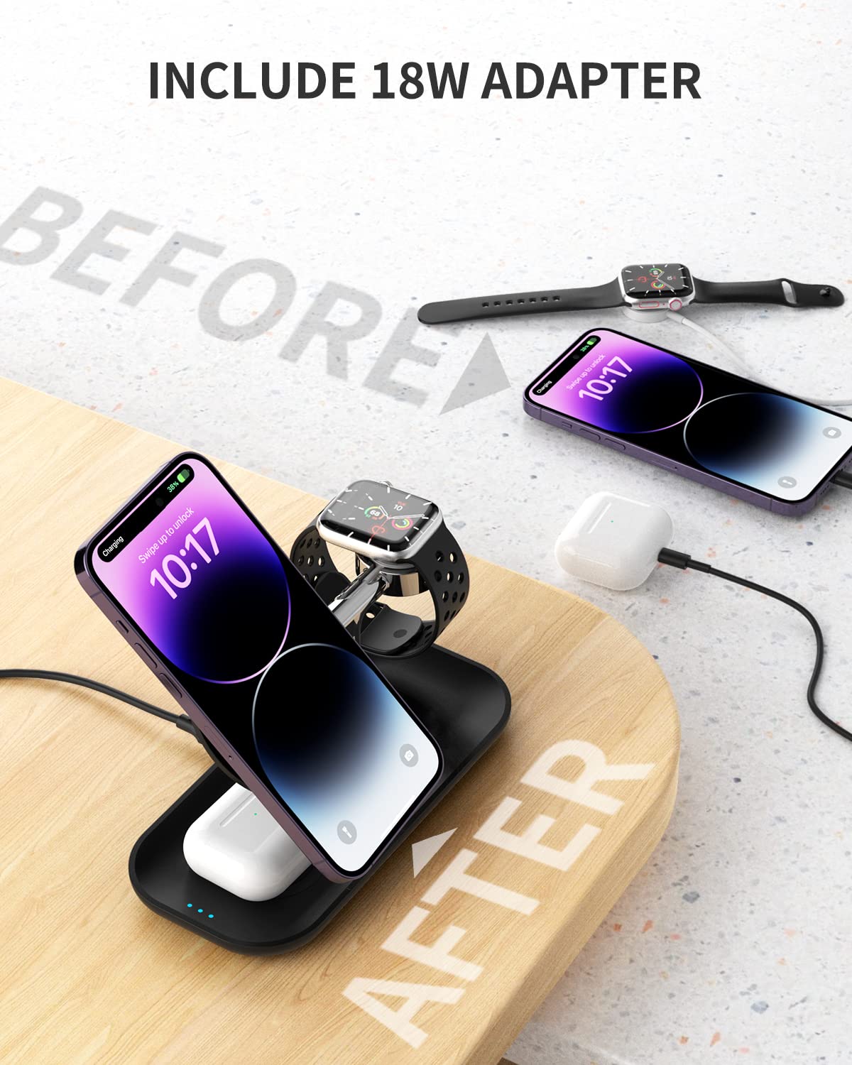 3-in-1 Magnetic Wireless Charging Station for iPhone 16/15/14/13/12, Apple Watch & AirPods Pro/4/3/2 - Fast Qi-Certified Charger with Magsafe Compatibility (Includes Cable & Wall Adapter) - Perfect for Home, Office & Travel Charging Needs