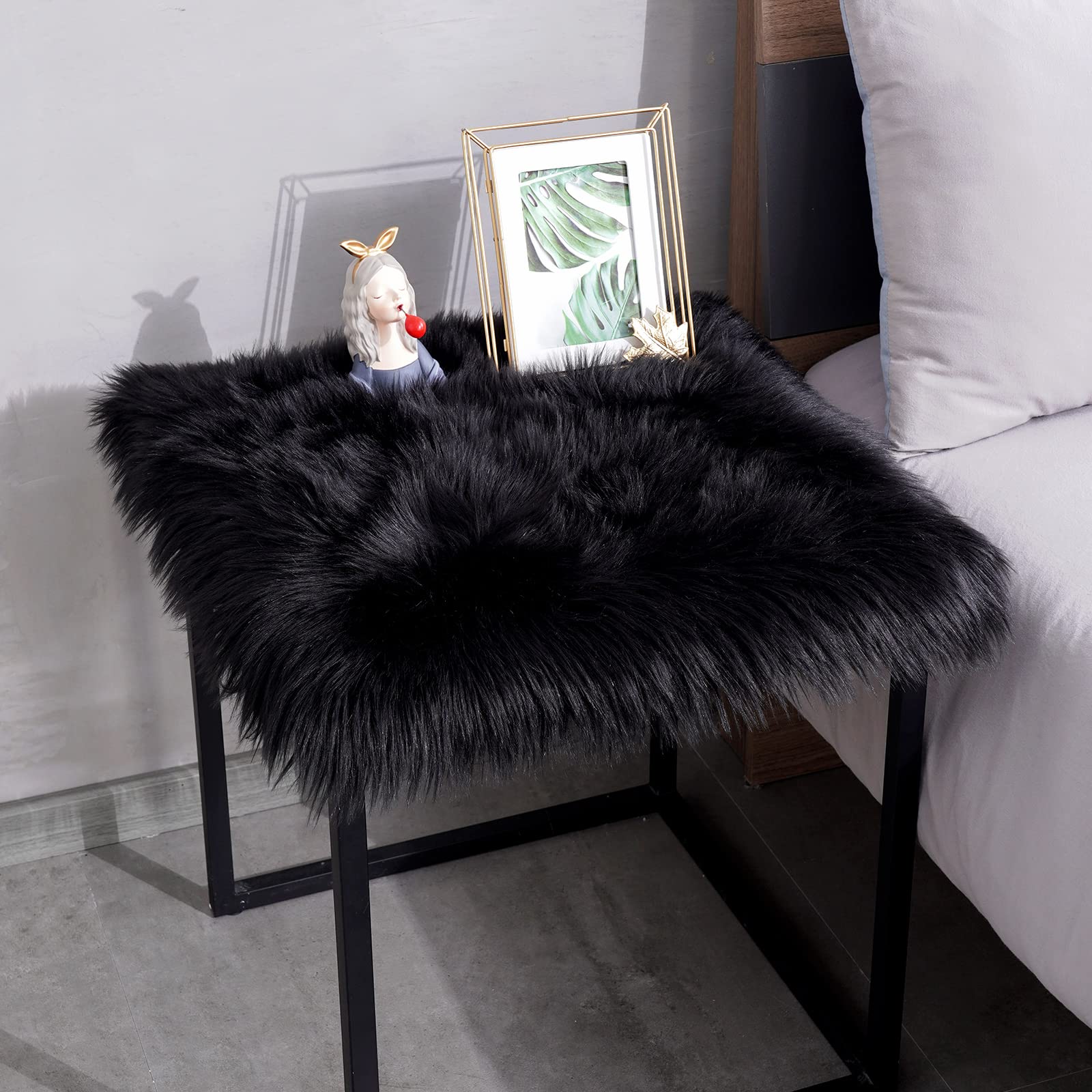 Luxury Fluffy Faux Fur Small Throw Rug - Soft Faux Sheepskin Seat Cushion Cover for Vanity Stool & Desk Chair - Cozy Home & Office Decor - 1.6 x 1.6 Feet Black - Perfect for Living Room, Bedroom & Christmas Decorations