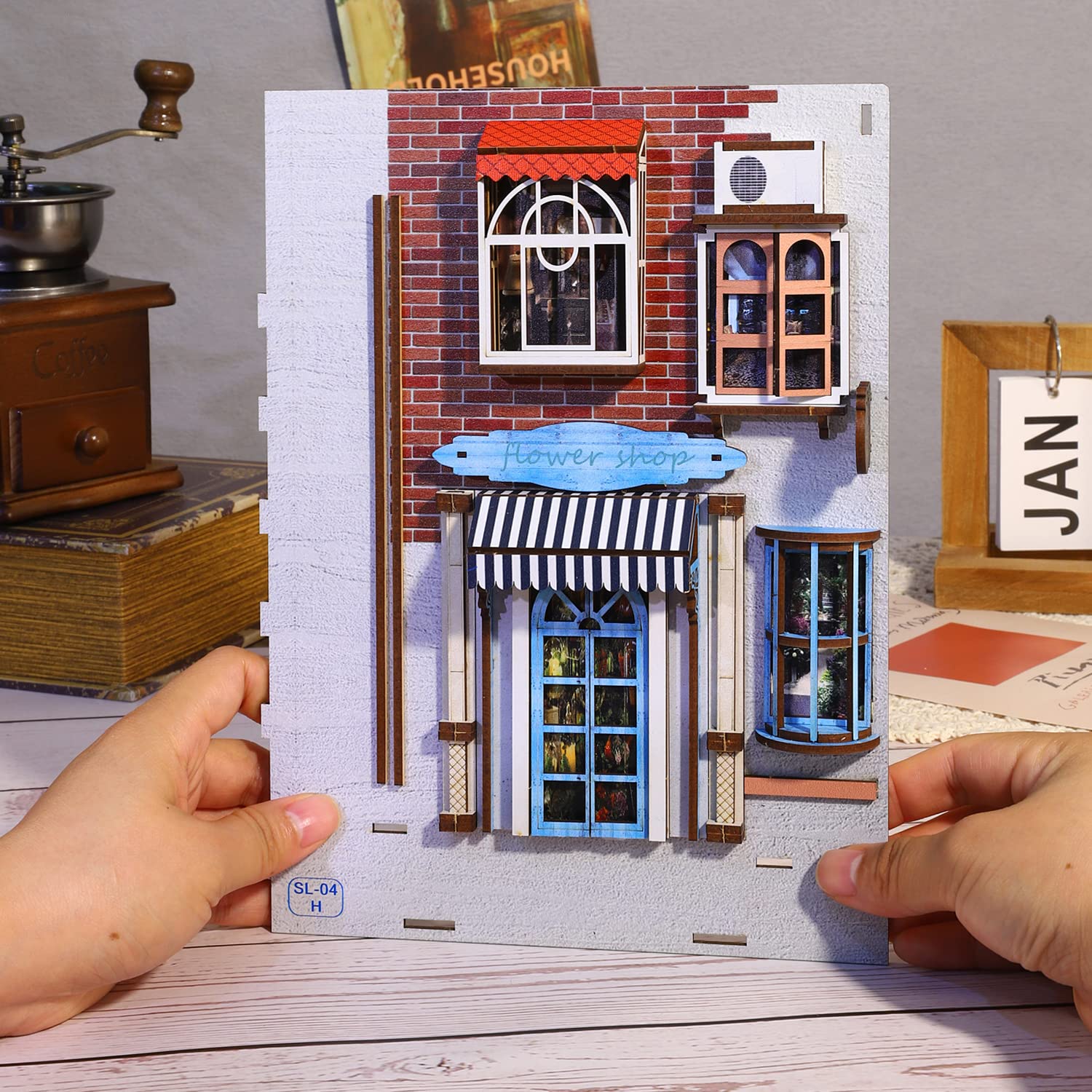 CUTEROOM DIY 3D Wooden Book Nook Kit with Sensor LED Light - Miniature Bookshelf Insert Decor Craft for Adults - Perfect Gift for Book Lovers & Home Office Decoration (SL010)