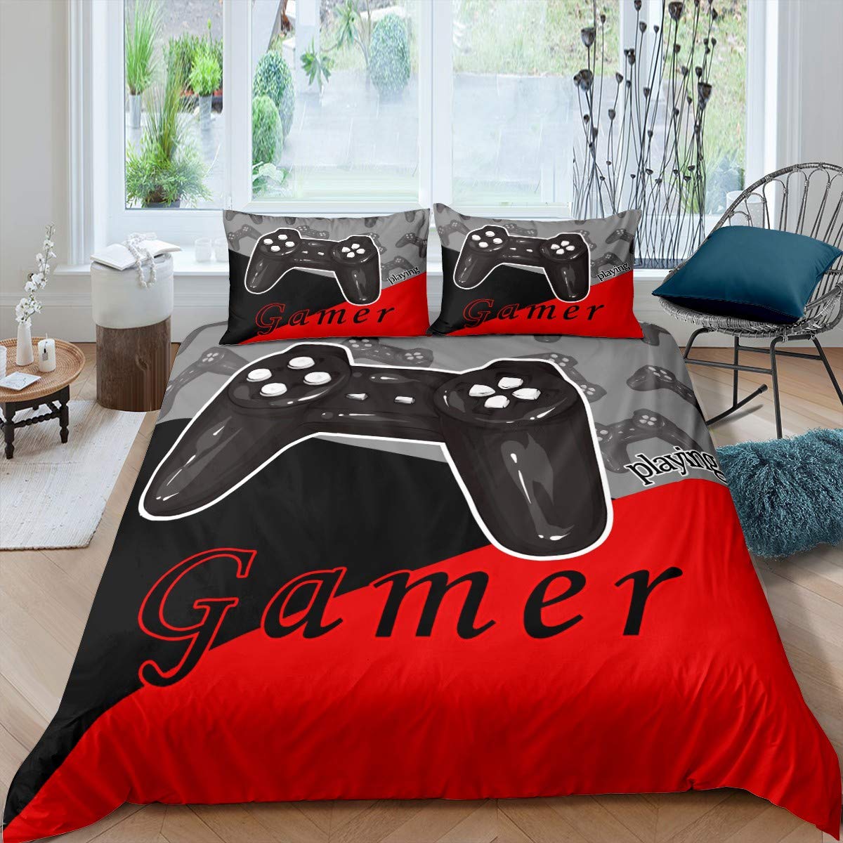 Feelyou Gaming Duvet Cover Set for Boys & Teens - Console Gamepad Design, Twin Size, 2-Piece Set (1 Duvet Cover + 1 Pillowcase) - Black, Red & Grey - Perfect for Gamers' Bedroom Decor & Video Game Themed Rooms