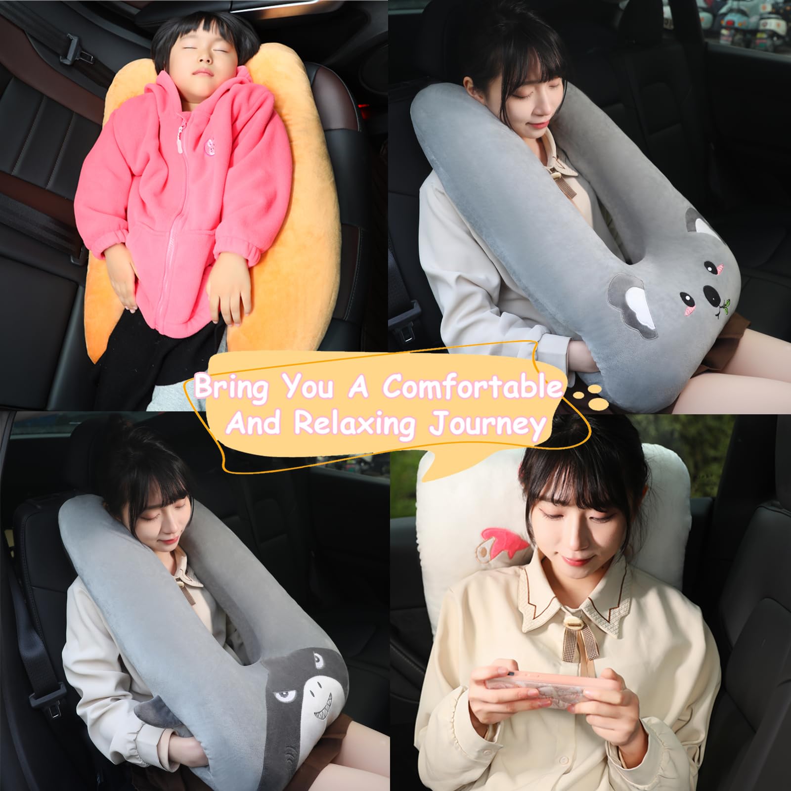 Kids Travel Pillow for Car Seat with Hand Muff - Cartoon Neck & Headrest Seat Belt Pillow for Long-Distance Road Trips - Comfortable Sleeping Pillow for Adults & Children (Shark Design) - Perfect for Airplane, Train, and Car Travel Accessories