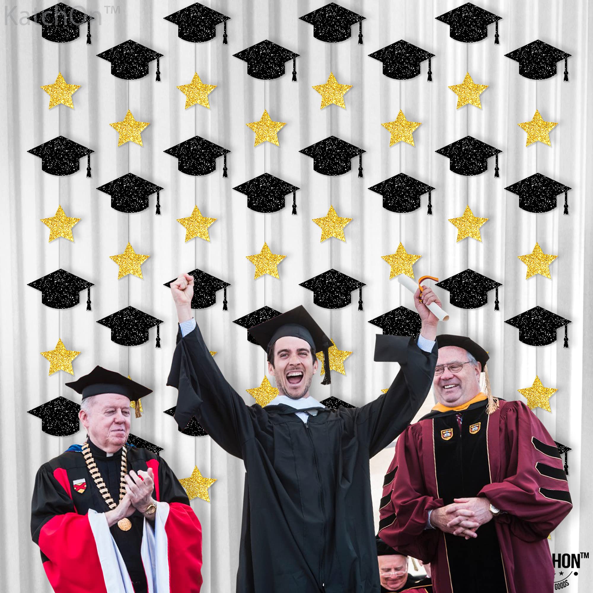 KatchOn 10 Feet Glitter Graduation Cap Garland - 8 String Black & Gold Graduation Decor 2025 | No DIY Graduation Party Supplies | Perfect for Graduation Ceremony Decorations, Photo Backdrops & College Grad Celebrations
