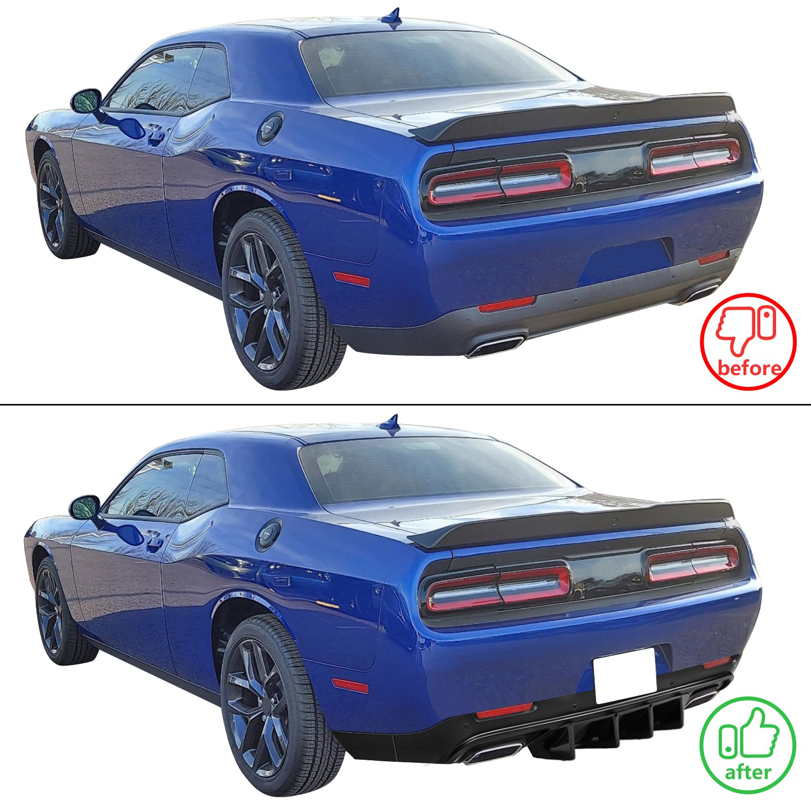 IKON MOTORSPORTS Rear Diffuser for 2015-2023 Dodge Challenger | V1 Style Carbon Fiber Print PP Rear Bumper Lip Spoiler with Shark Fins | Upgrade Your Ride for Street Racing & Car Shows