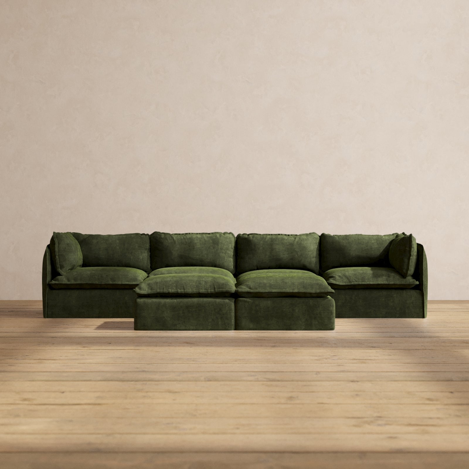 Modular Performance 4-Seater Sofa with Bench Ottoman in Olive Green | Relaxed Blend Fabric | Perfect for Living Room, Family Room & Home Theater