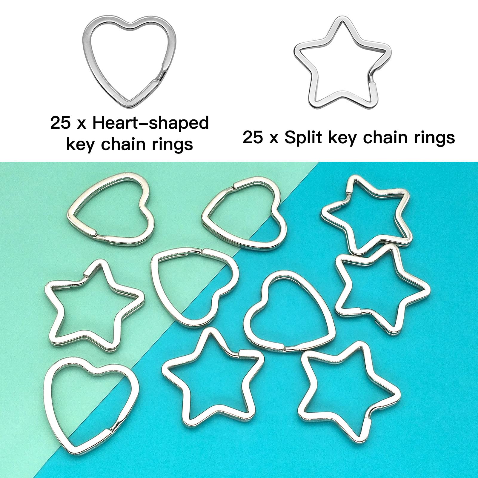 50pcs Star & Heart Shaped Metal Key Rings - DIY Keychain Bulk for Crafts, Home & Car Keys (Silver)