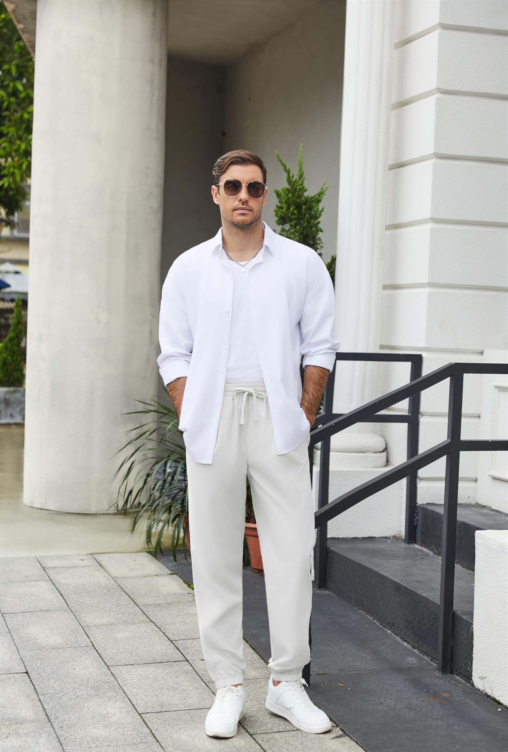 COOFANDY Men's Lightweight Linen Casual Jogger Pants with Elastic Waist & Drawstring - Breathable Yoga Beach Lounge Pants with Pockets for Summer Travel & Relaxation