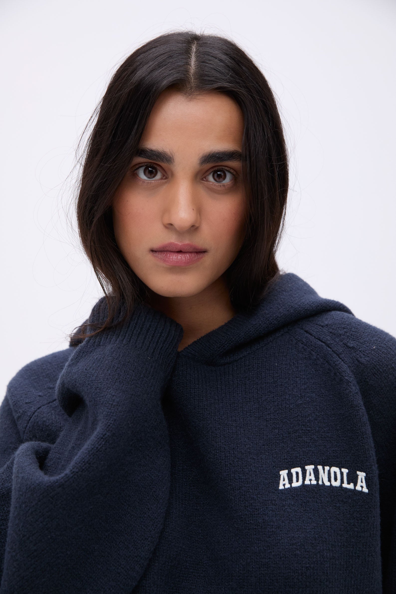 Varsity Oversized Knit Hoodie for Women & Men - Soft & Cozy Deep Midnight Blue & Cream Pullover Sweatshirt - Perfect for Casual Wear, College Outfits & Winter Layering