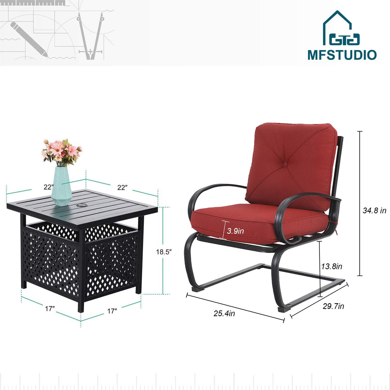 MFSTUDIO 3-Piece Outdoor Patio Bistro Set with 2 Spring Motion Chairs & Metal Coffee Table - Burgundy Garden Furniture for Backyard, Lawn - Includes Padded Cushions & 1.57