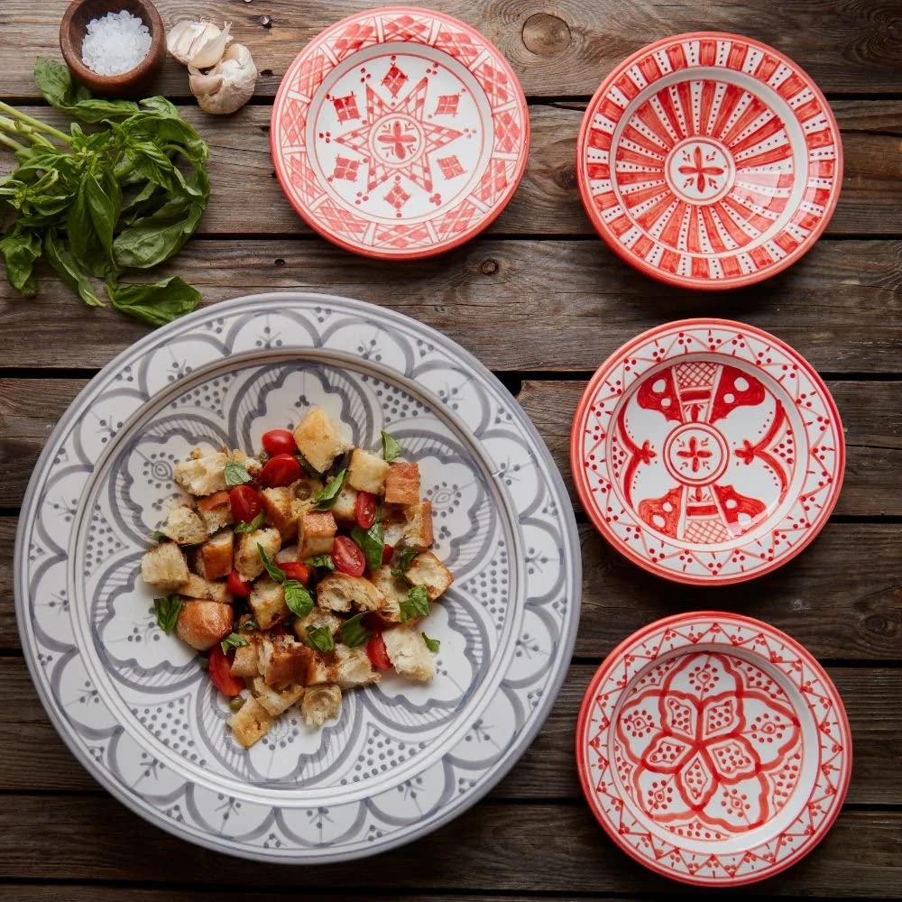 Hand Painted Moroccan Arabesque Ceramic Serving Bowl Set - Extra Large Gray Platter & Small Red Plates for Middle Eastern Dining, Party Serving & Home Decor