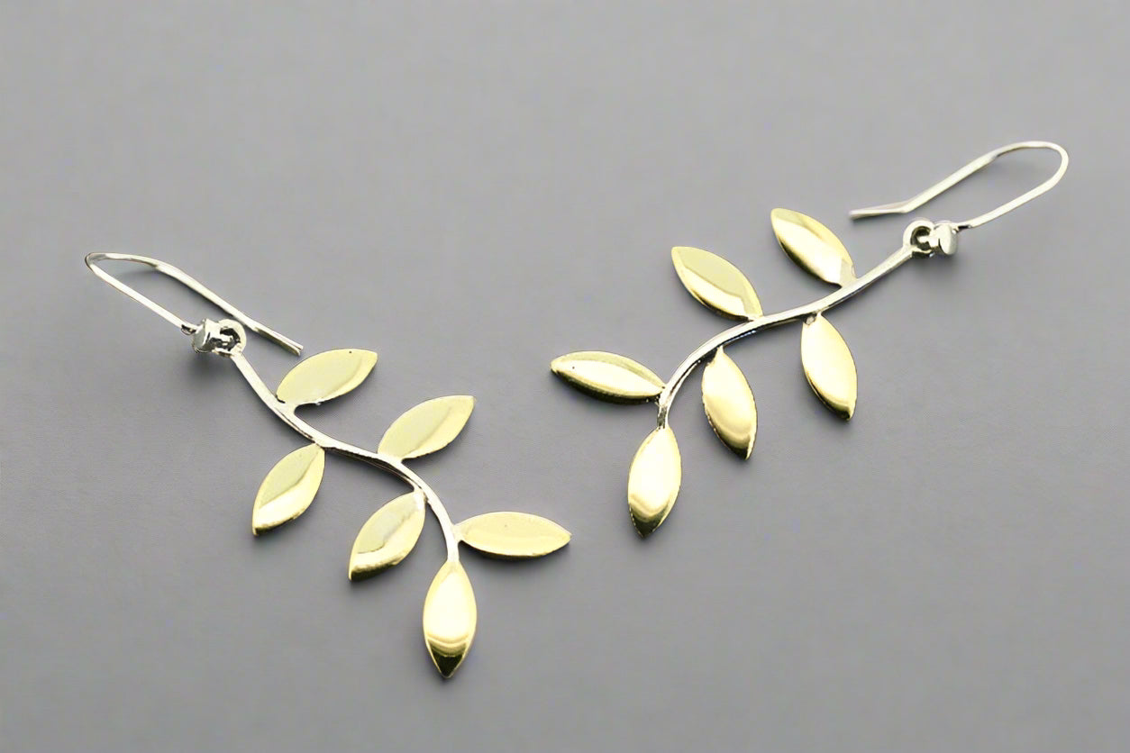 Elegant Curved 6 Leaf Earrings - Brass & Silver Dangle Earrings for Women | Perfect for Parties, Weddings & Everyday Wear