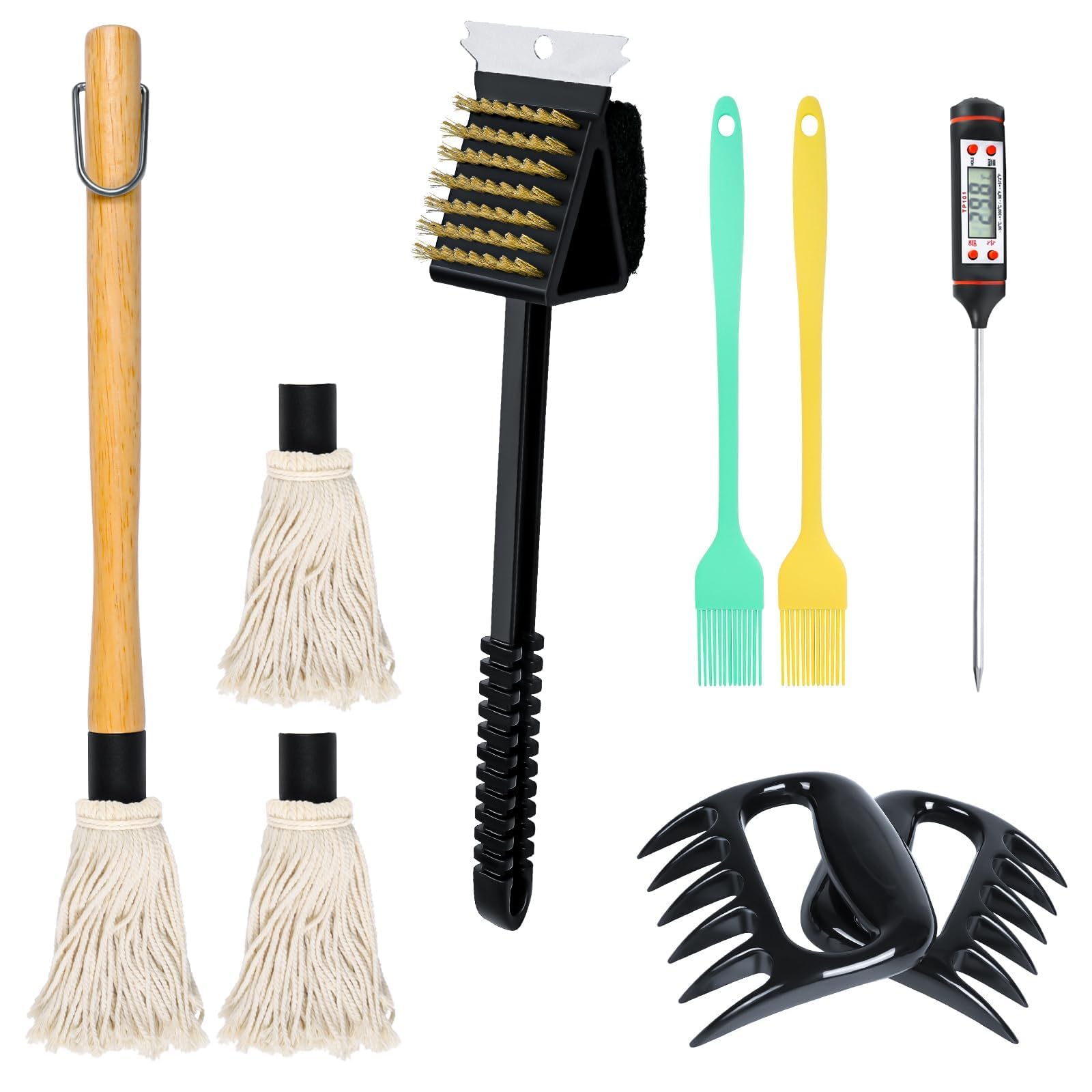 Premium BBQ Mop & Grill Brush Set - 10-Piece Stainless Steel Outdoor Grilling Tools Kit for Backyard, Camping & Tailgating | Heavy-Duty Basting Brush, Scraper & Cleaning Accessories