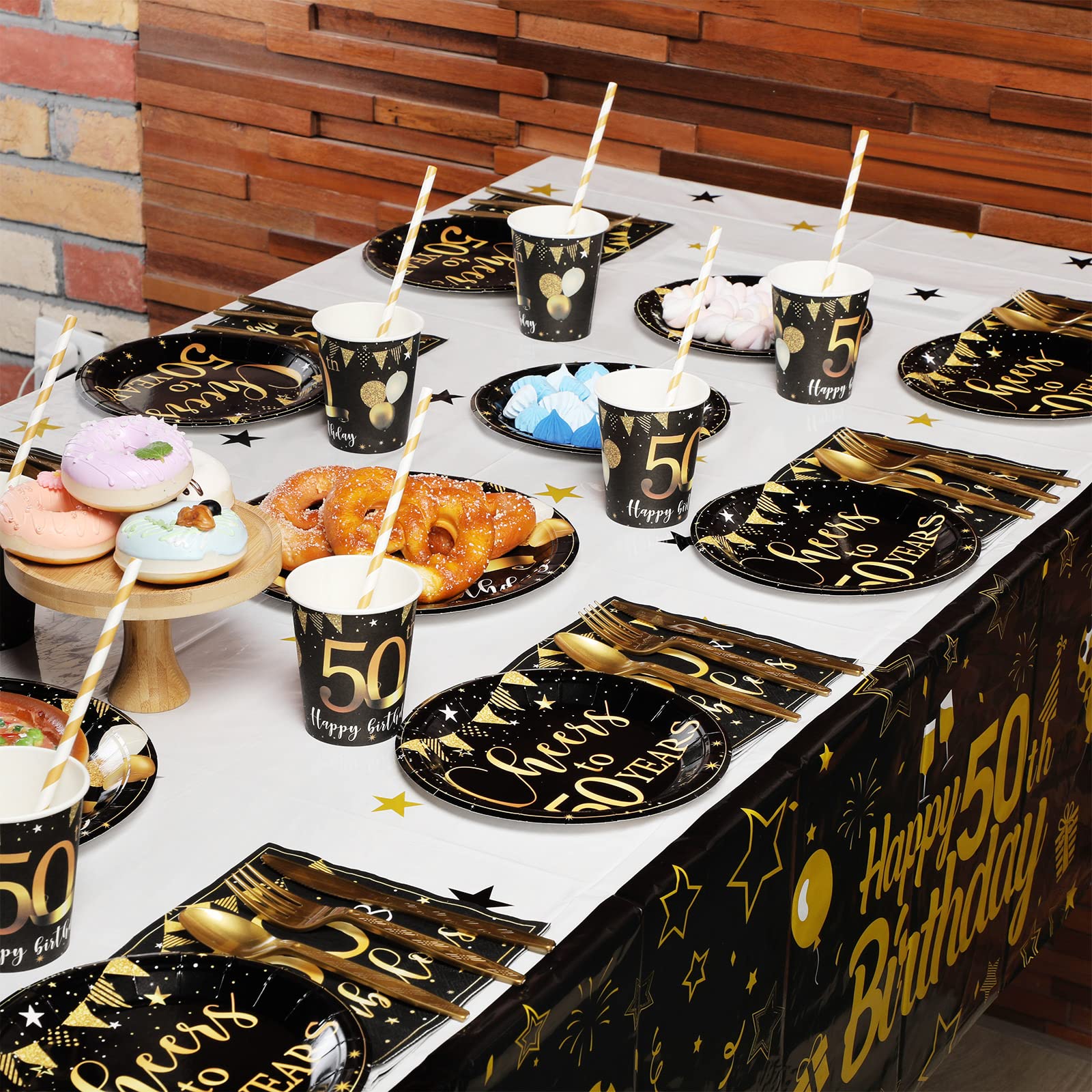 Black and Gold 50th Birthday Decorations for Men & Women - Anniversary Balloons, Tablecloth, Tableware Set for Party Guests - Perfect for Milestone Celebrations & Special Events