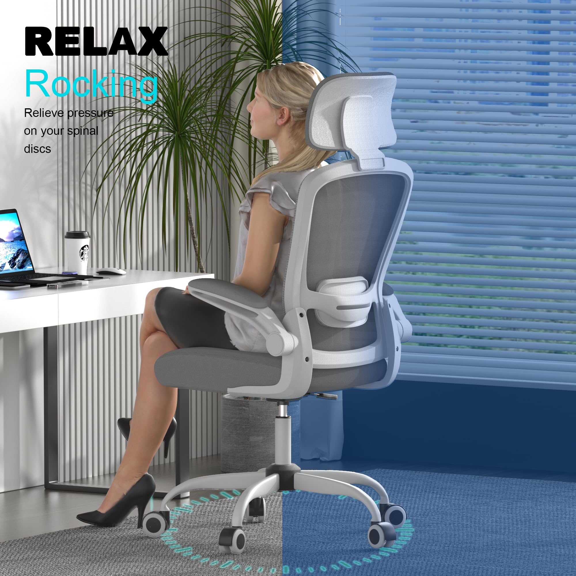 Ergonomic High Back Office Chair with Adjustable Lumbar Support & Headrest - Mimoglad Swivel Task Chair with Flip-Up Armrests for Guitar Playing (Modern, Dim Gray) - Perfect for Home Office, Gaming & Music Practice