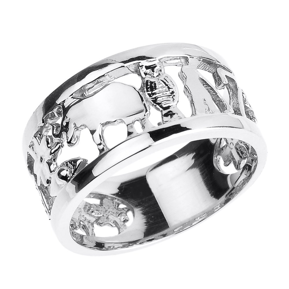 10k White Gold Good Luck Charm Ring - Elephant, Owl, Horseshoe, Seven, Evil Eye & Clover Flower Symbols | Spiritual Jewelry for Protection, Success & Positive Energy | Perfect Gift for Birthdays, Anniversaries & Special Occasions