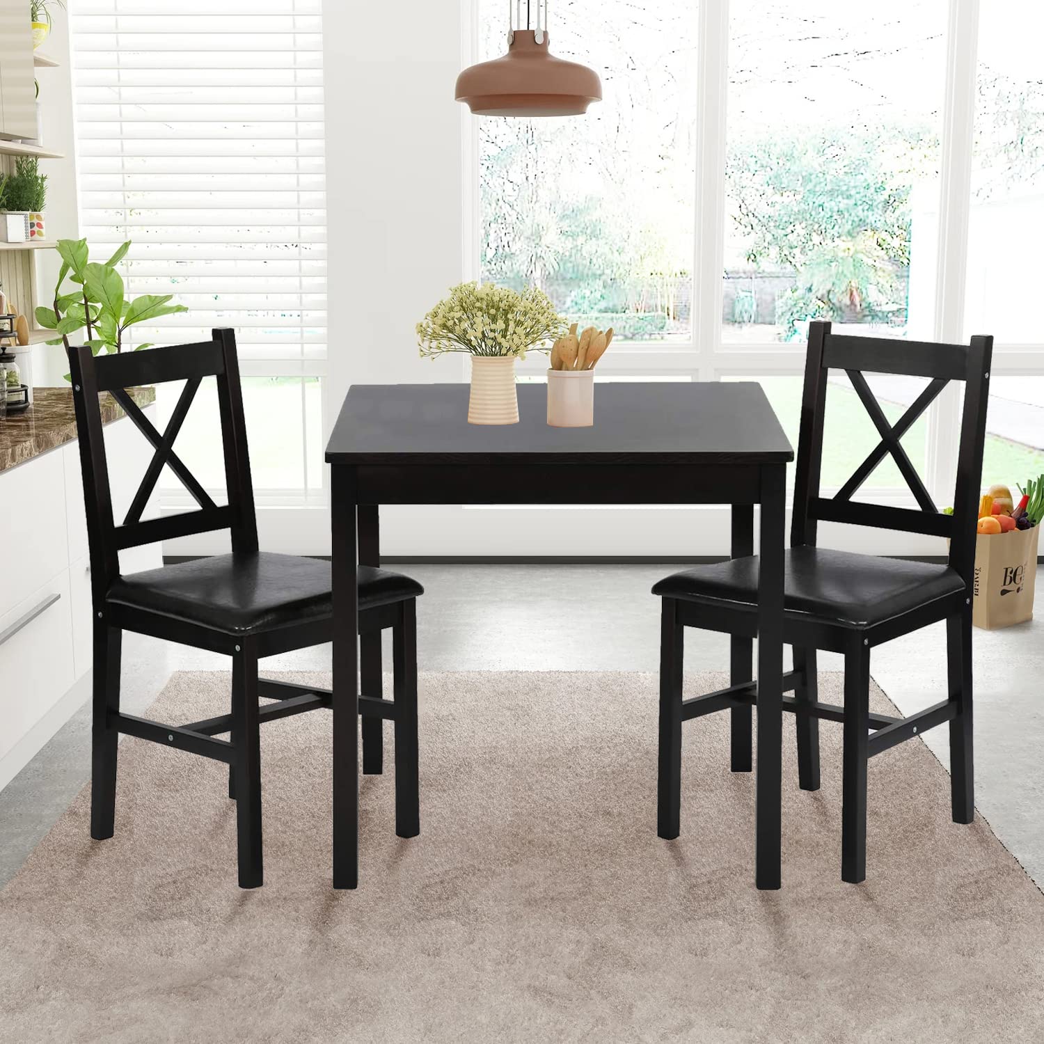 3-Piece Wooden Dining Table Set - Square Kitchen Table & Chairs for 2 - Sturdy Breakfast Nook Set for Small Spaces - Perfect for Home, Restaurant & Living Room - Brown Finish - Ideal for Compact Kitchens, Cozy Breakfast Nooks & Small Dining Areas