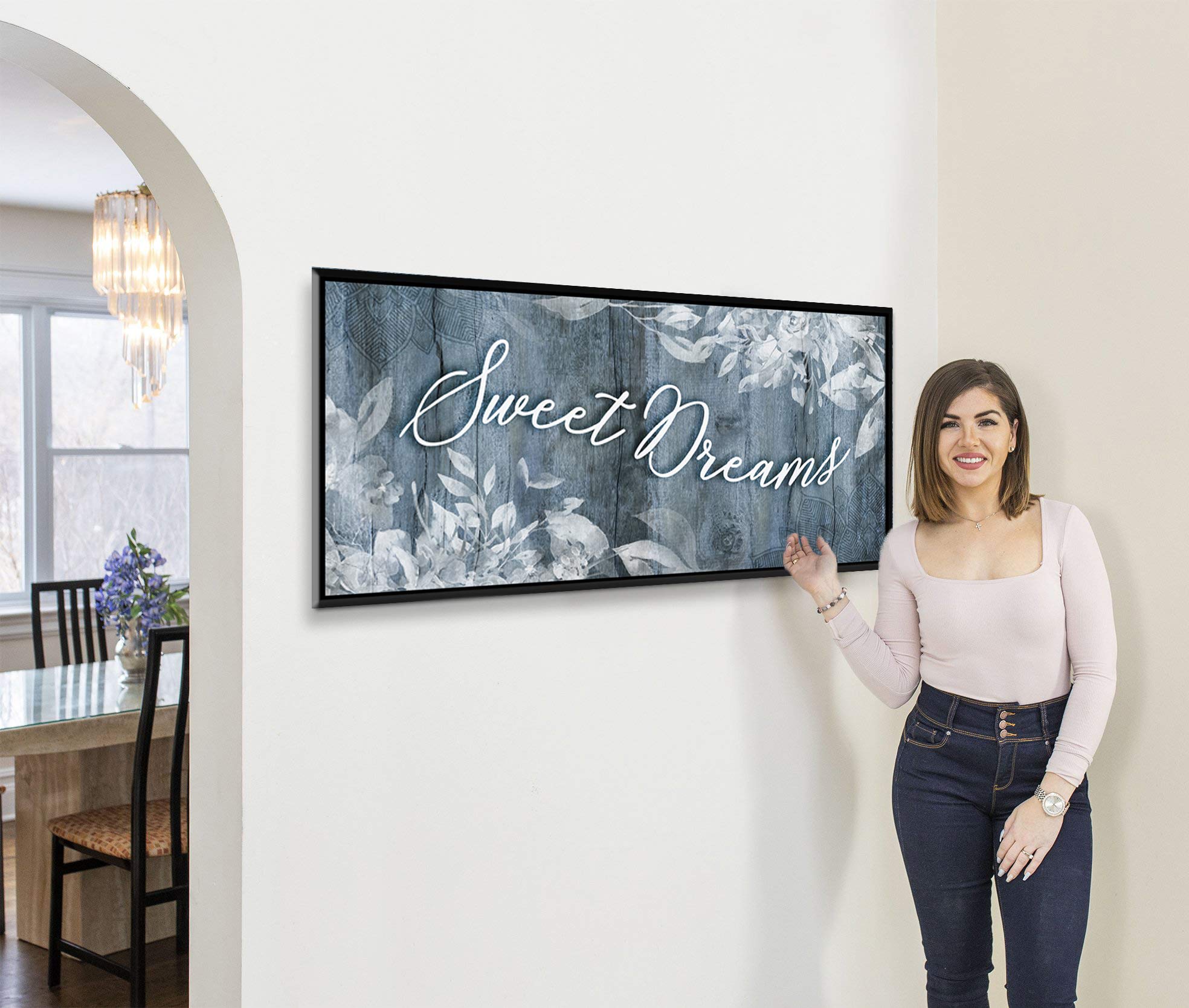 Sweet Dreams Sign - Large Canvas Wall Art for Master Bedroom Decor with Floating Frame (Blue/Black, 42x19) - Perfect Above Bed Wall Decor & Bedroom Sign for Cozy Home Atmosphere