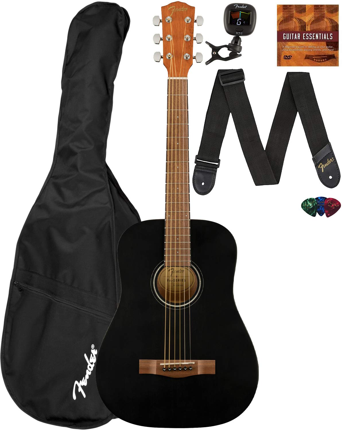 Fender FA-15 3/4-Size Acoustic Guitar for Kids - Black Beginner Bundle with Gig Bag, Tuner, Strap, Picks & Online Lessons | Perfect for Young Musicians Learning to Play at Home or School