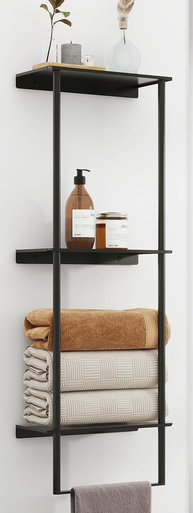 3-Tier Wall Mounted Bathroom Towel Rack with Shelf & Towel Bar - Space-Saving Towel Organizer for Bath, Shower & Spa (Matte Black) - Perfect for Small Bathrooms & Vanity Areas