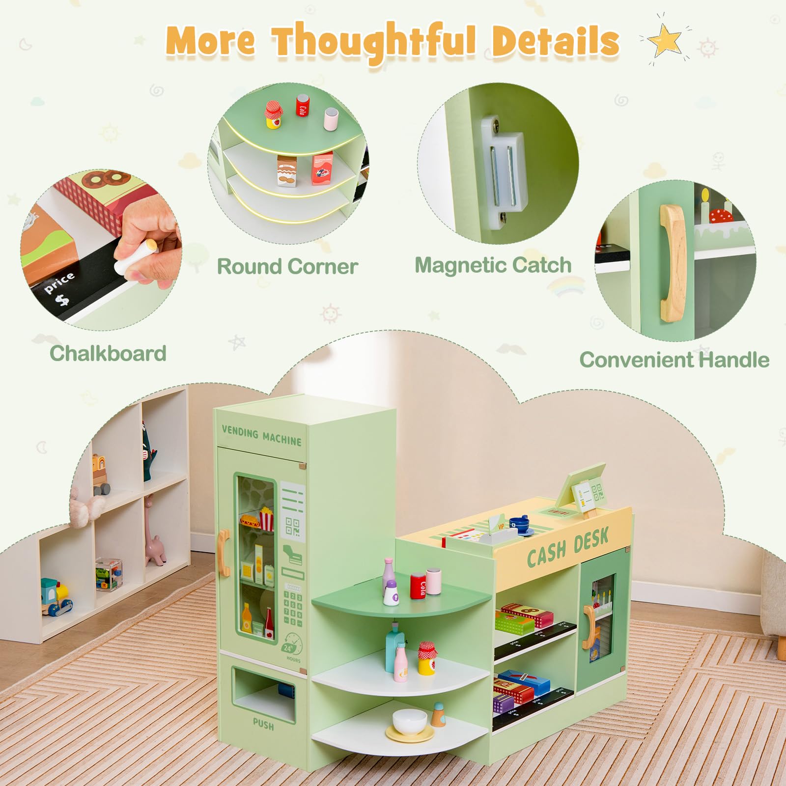 GLACER Wooden Pretend Play Grocery Store Set for Kids Ages 3-8 - 15-Piece Playset with Cash Register, POS System, Vending Machine & Chalkboard - Educational Toy for Boys & Girls - Perfect for Role Play, Preschool Learning & Birthday Gifts