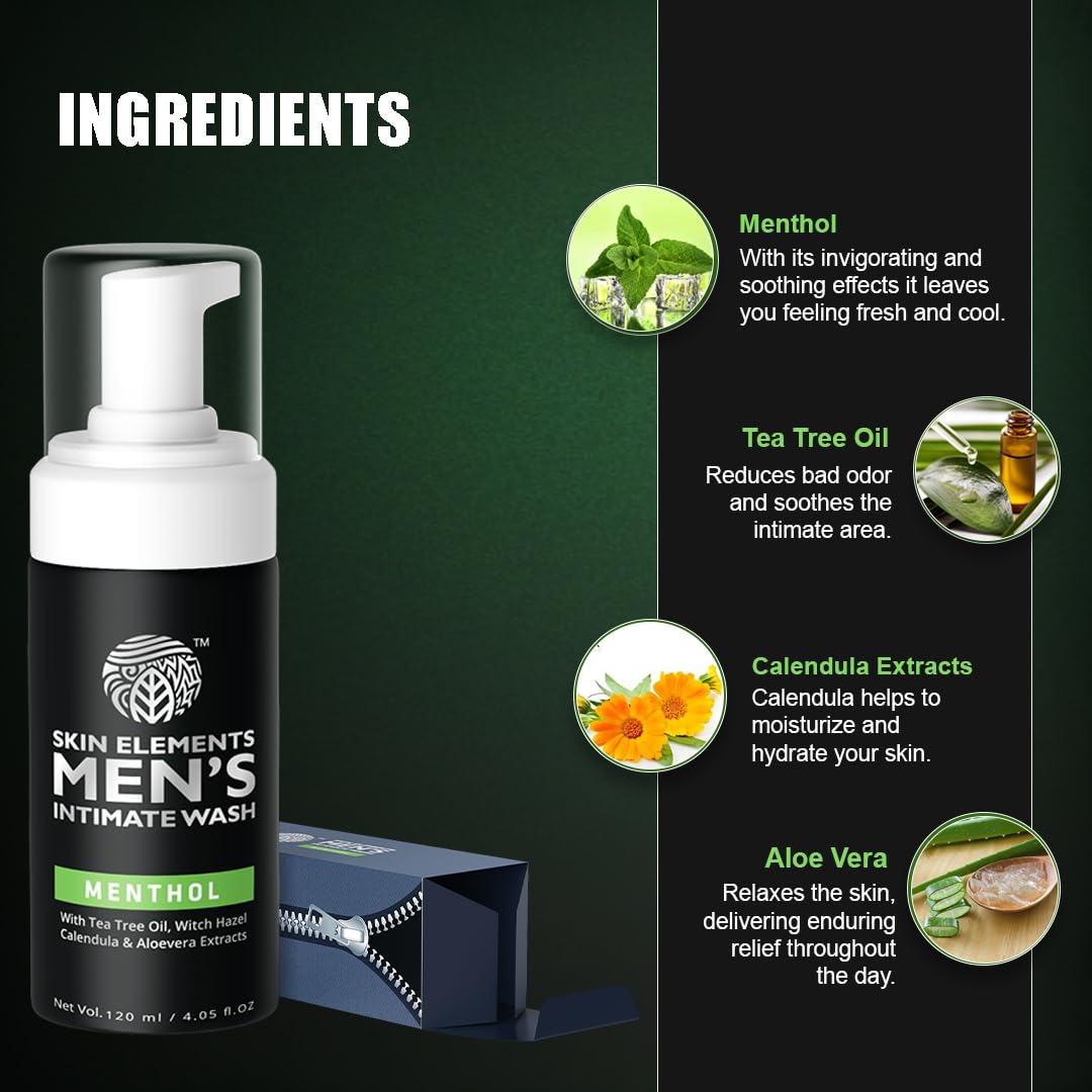 Skin Elements Intimate Wash for Men with Menthol (4.05 fl. oz) | pH Balanced Foaming Cleanser for Private Parts | Prevents Itching, Irritation & Odor | Gentle Daily Hygiene for Active Men & Post-Workout Care