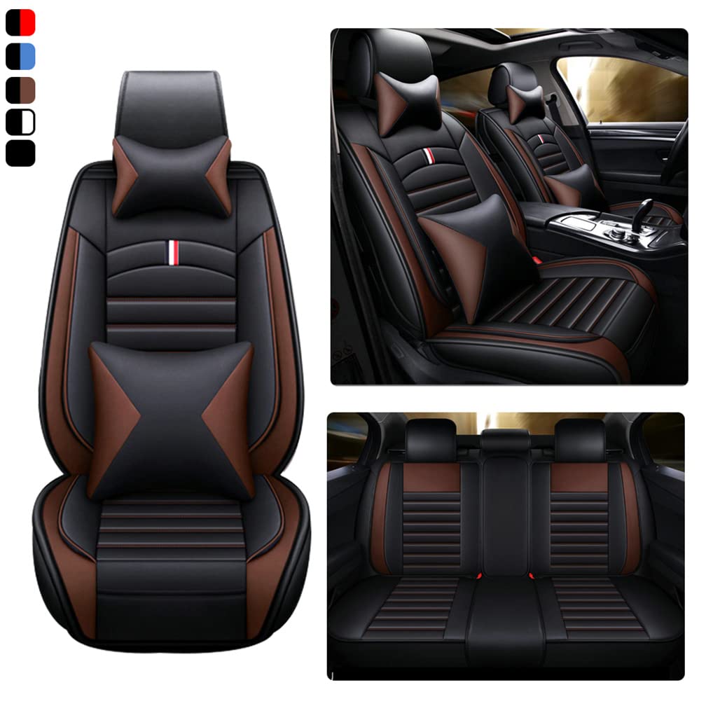 Premium Universal PU Leather Car Seat Covers - Waterproof, Durable & Airbag Compatible - 5-Piece Set with Pillows (Black Coffee) | Perfect for SUVs, Sedans & Trucks - Enhances Comfort & Protects Seats from Spills, Pets & Daily Wear