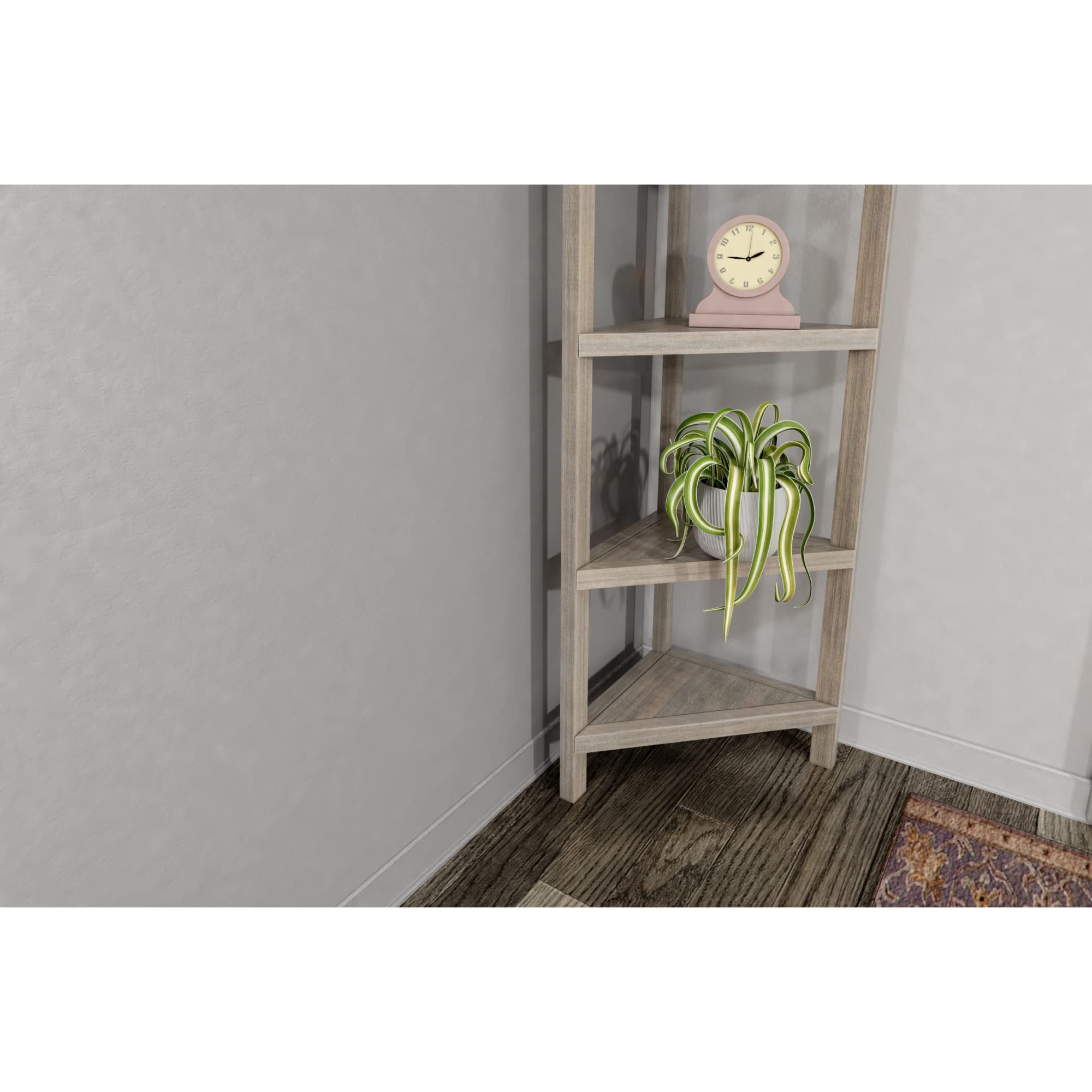 NewRidge Home Corner Bookcase - Modern Washed Grey Wooden Bookshelf for Living Room, Bedroom & Office - Space-Saving Storage Solution for Books, Decor & Essentials