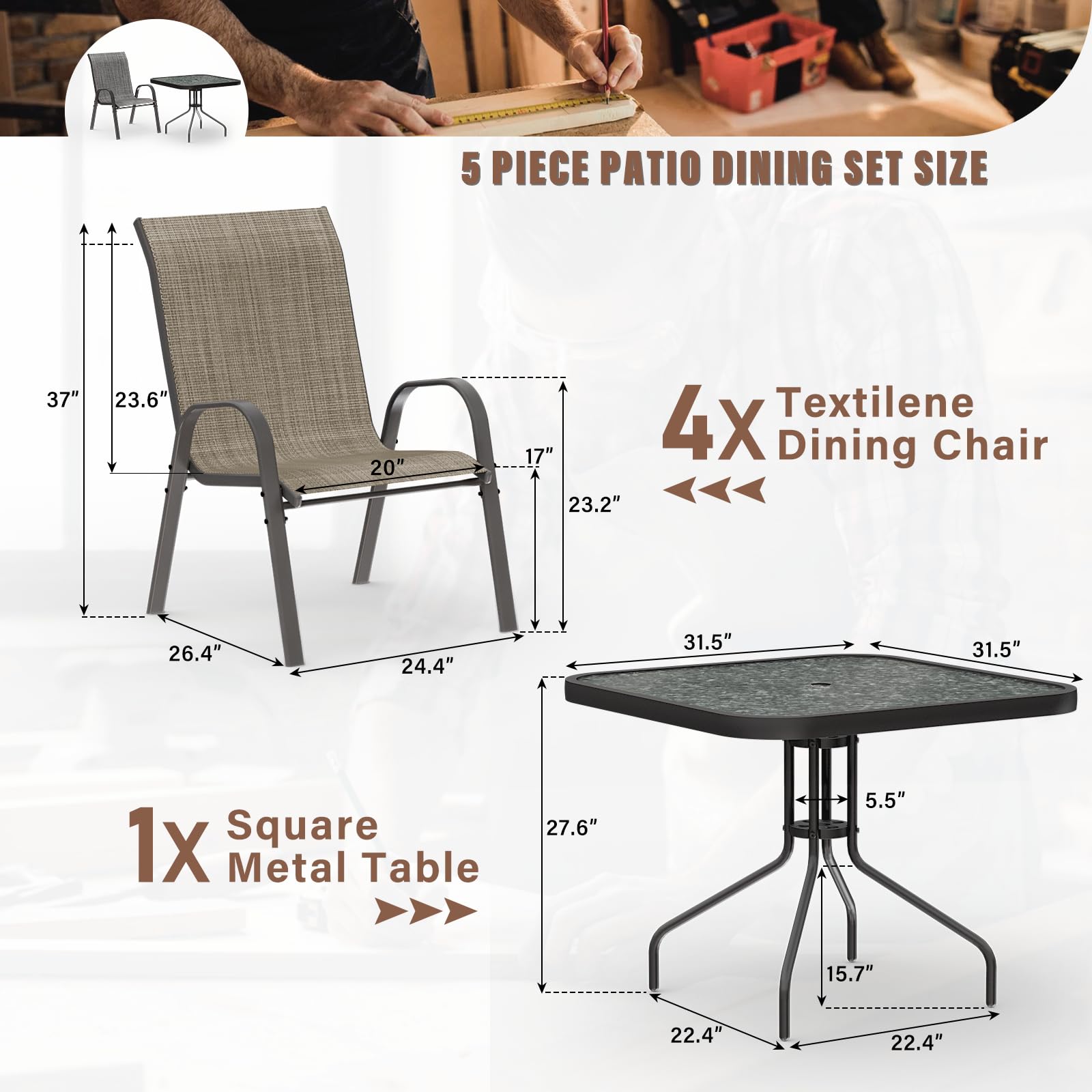 Amopatio 5-Piece Outdoor Dining Set with Textured Glass Tabletop & 4 Stackable Chairs - Patio Furniture for Balcony, Porch, Lawn (Brown) | Perfect for Backyard BBQs, Garden Parties & Outdoor Entertaining