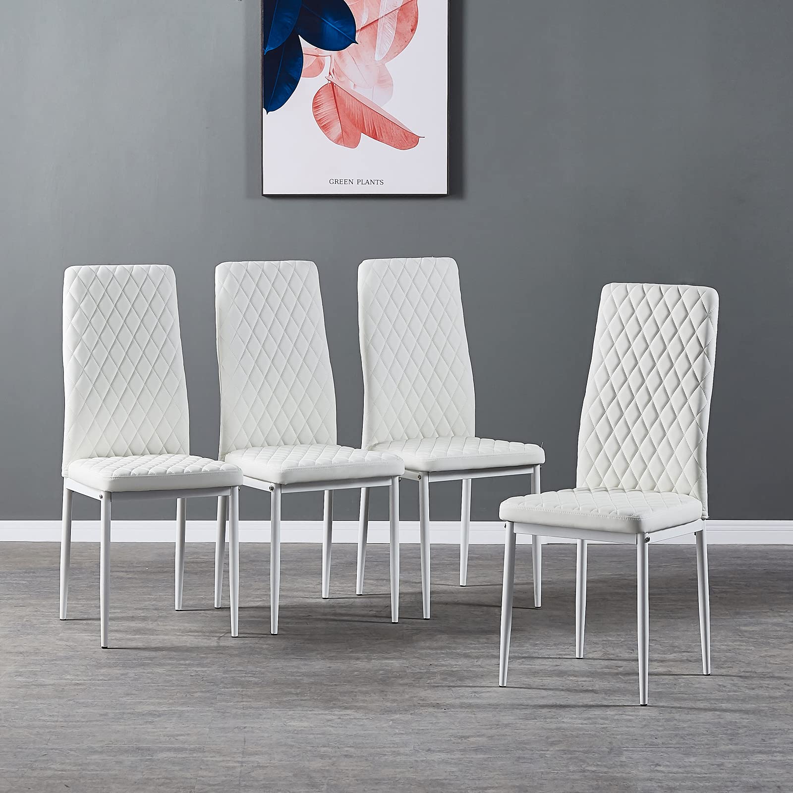 Modern Minimalist Dining Chairs Set of 4 - White Fireproof Leather Upholstery with Diamond Grid Pattern & Sprayed Metal Legs - Perfect for Kitchen, Dining Room, Home Furniture and Restaurant Use