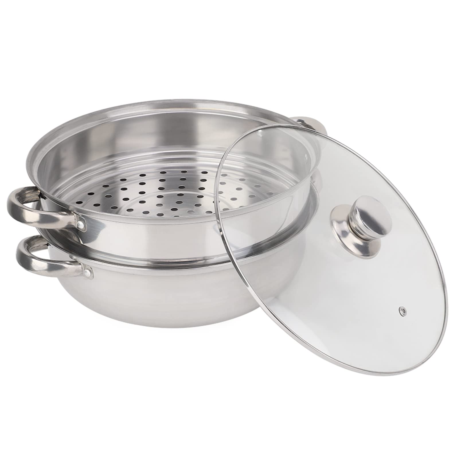 Oumefar 11-inch Stainless Steel 2-Layer Steamer Pot Set with Glass Lid - Multipurpose Cooking Pot for Dumplings, Vegetables, Seafood & More | Perfect for Home Kitchen, Meal Prep & Healthy Cooking