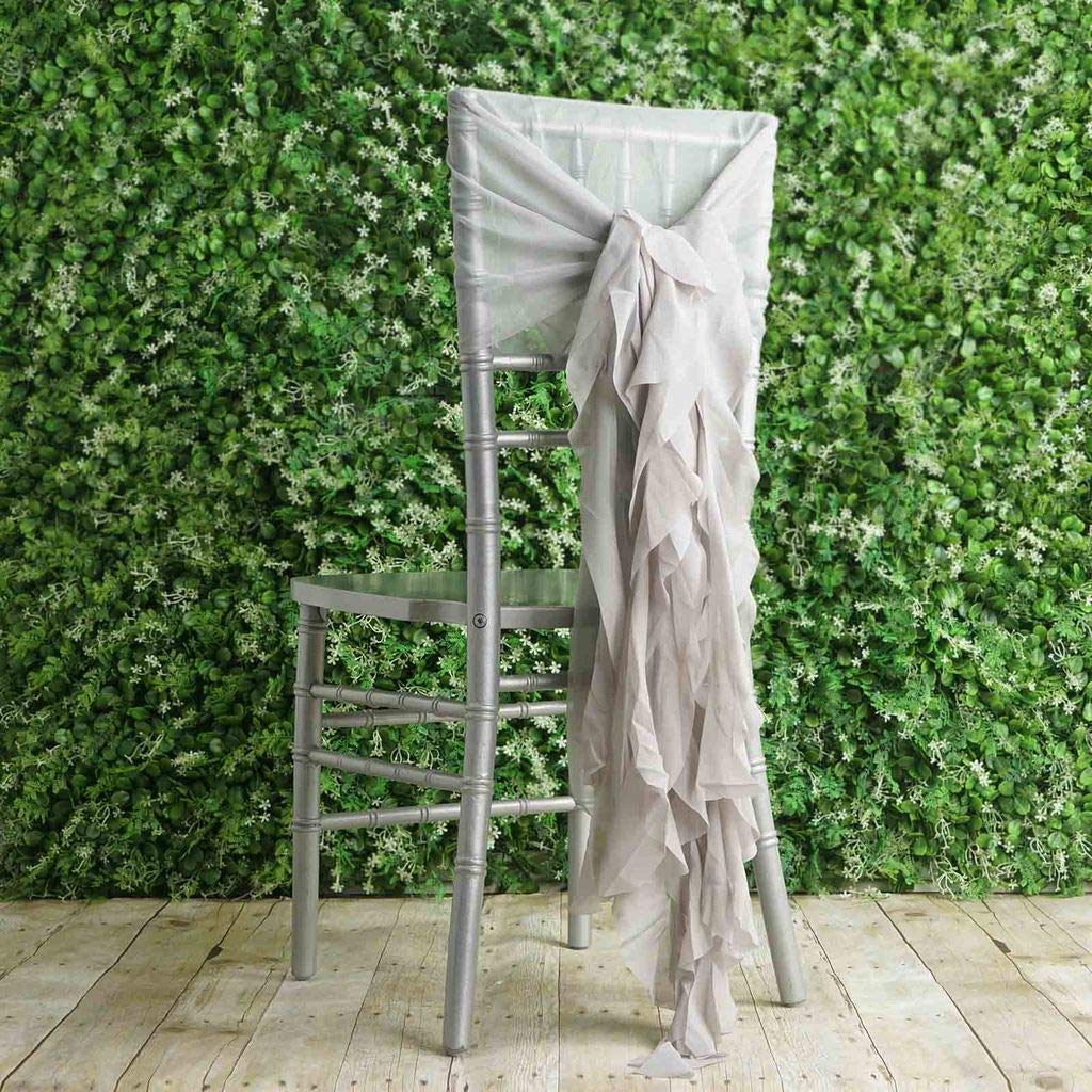 50 Silver Premium Curly Chiffon Chair Covers with Sashes - Elegant Wedding, Party & Reception Decorations - Affordable Event Supplies for Banquets, Ceremonies and Special Occasions