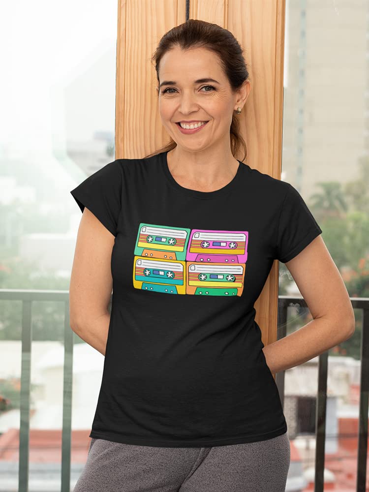Vintage Pop Art Cassette T-Shirt for Women - Retro Music Lover Graphic Tee - Perfect for Concerts, Music Festivals & Casual Wear