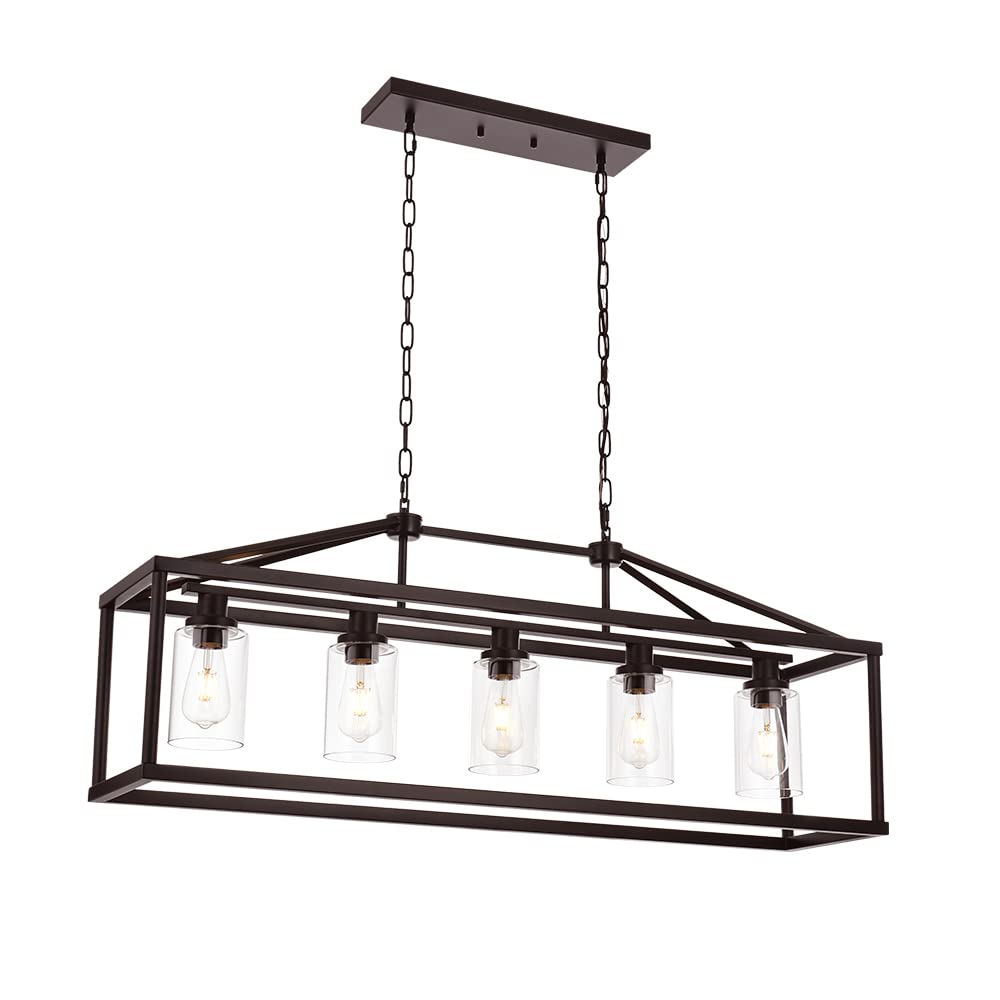 BONLICHT 5-Light Industrial Rustic Farmhouse Chandelier - Modern Rectangle Dining Room Pendant Light Fixture in Oil Rubbed Bronze with Clear Glass Shade - Perfect for Kitchen Island, Hallway, Bar & Farmhouse Decor