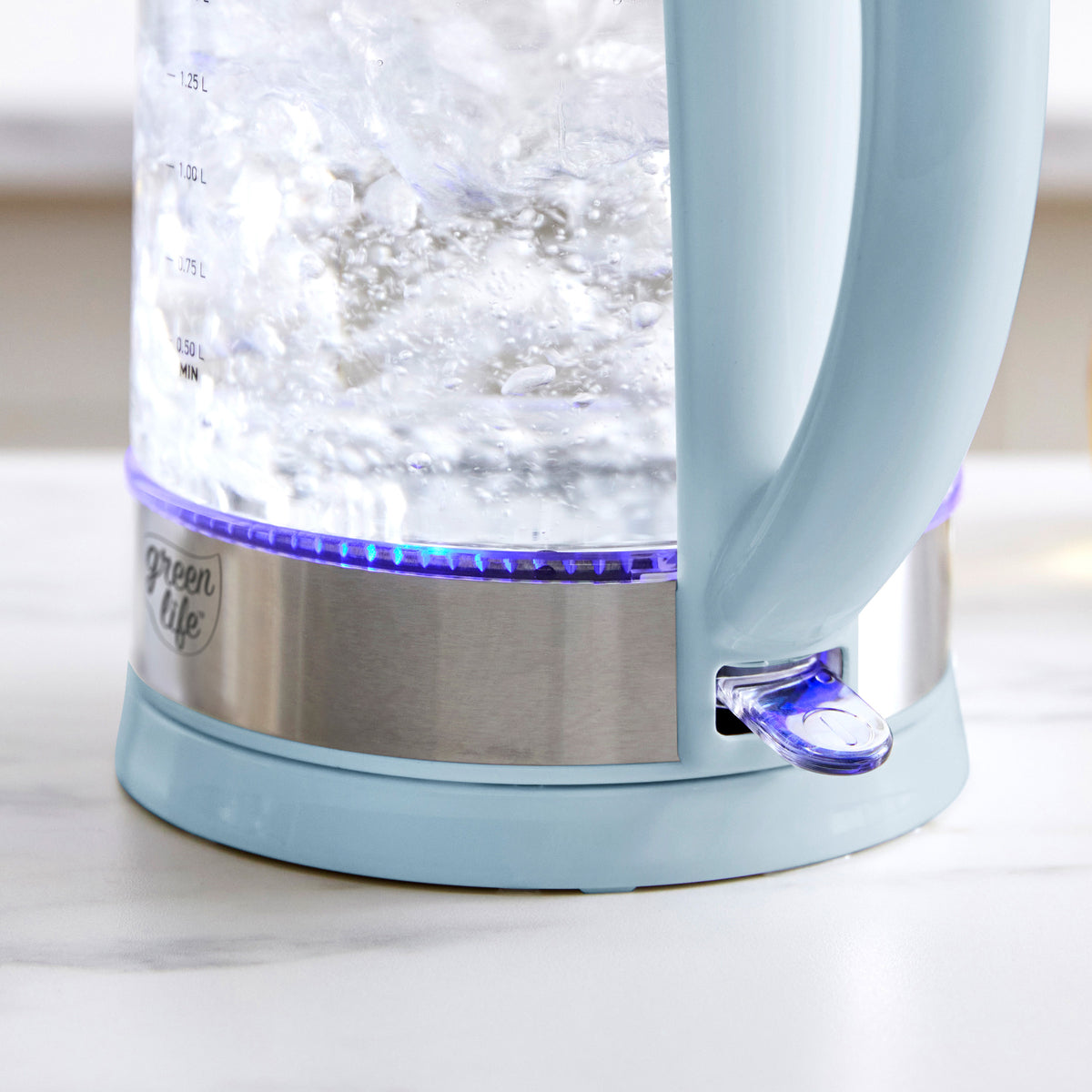 GreenLife Qwik & EZ Glass Kettle - 1.7L Fast Boiling Electric Water Kettle with LED Light & Auto Shut-Off | Blue Haze | Perfect for Tea, Coffee & Office Use