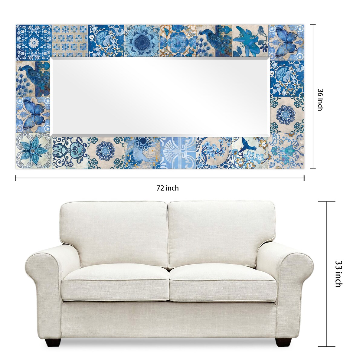 Blue & White Abstract Rectangular Beveled Wall Mirror - 72 x 36 Inches - Tempered Glass Free Floating Design - Perfect for Living Room, Bedroom or Entryway Decor