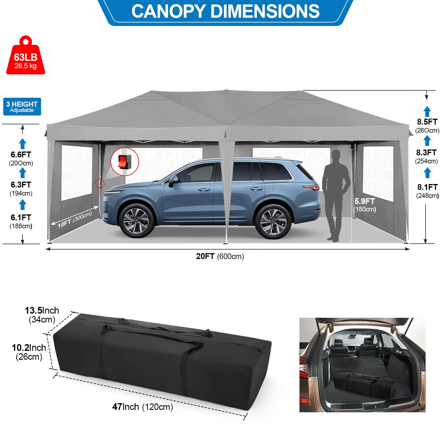 COBIZI 10x20 Pop Up Canopy Tent with 6 Sidewalls - Waterproof Instant Shelter for Outdoor Events, Beach Camping & Commercial Use | Portable Sun Shade Gazebo for Parties, Picnics & Tailgating (Grey, 10'x20')