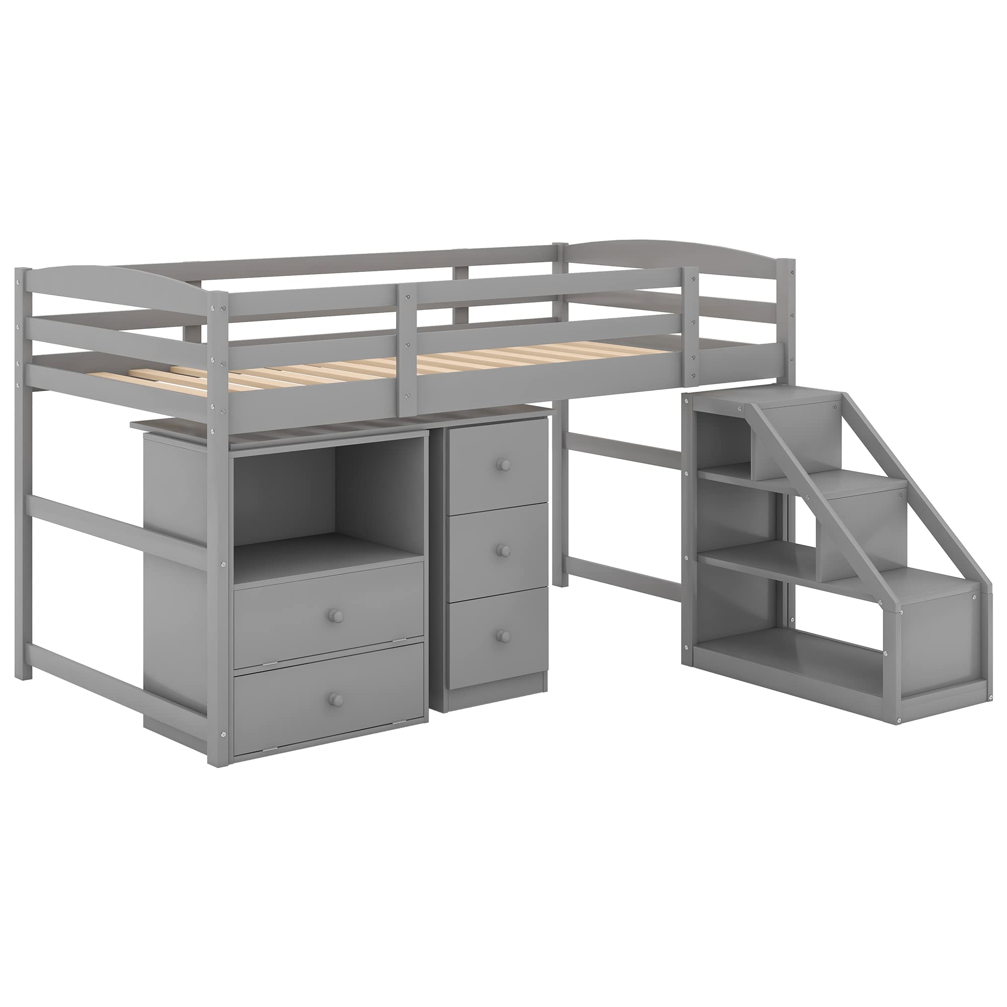 Twin Size Loft Bed with Built-in Desk & Staircase - Space Saving Multifunctional Furniture for Kids & Teens - Perfect for Small Bedrooms, Dorms & Apartments - Gray (Old SKU: GX000925AAK)