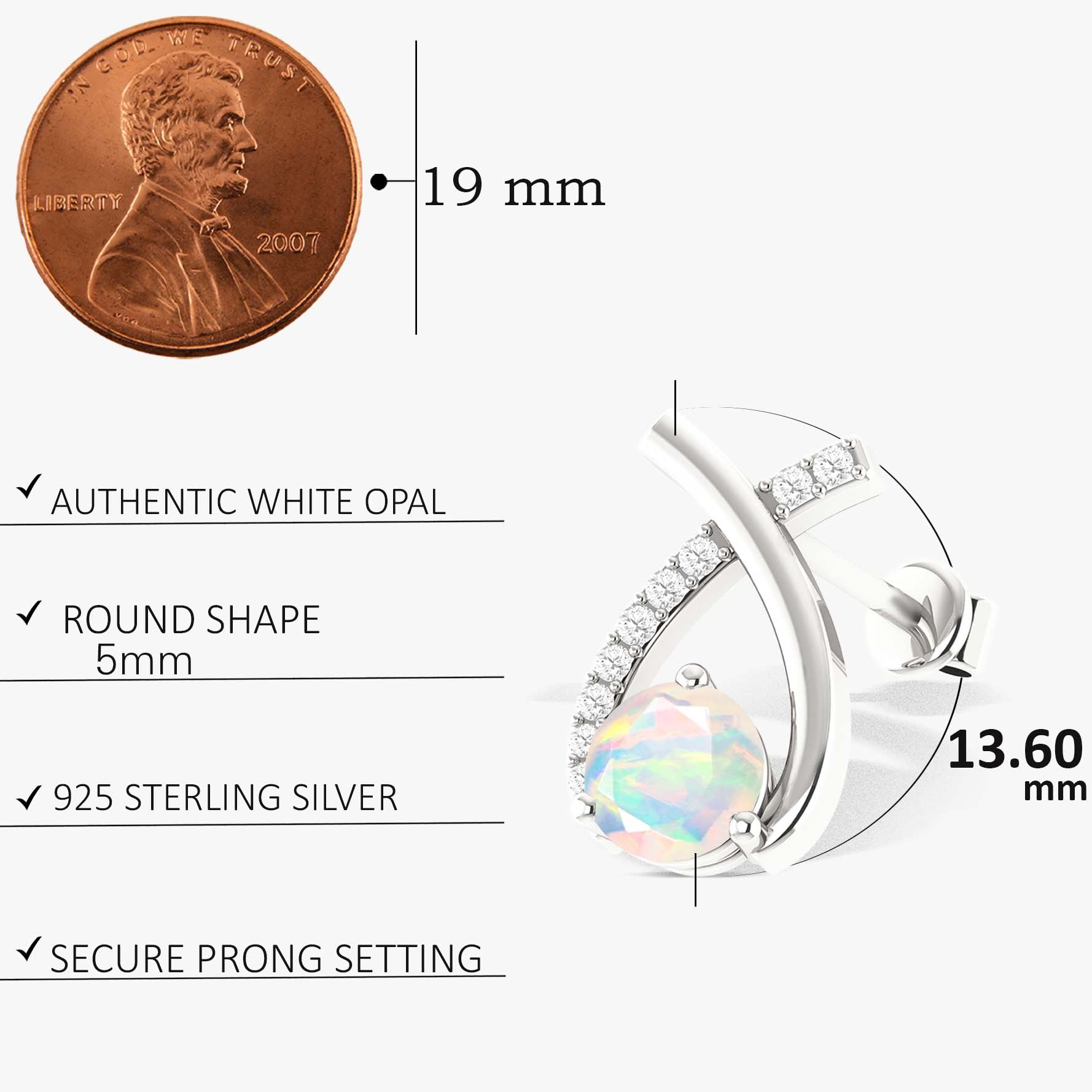 5MM Round Natural White Opal Stud Earrings for Women - Hypoallergenic Sterling Silver Earrings - Perfect for Everyday Wear, Gift Giving & Special Occasions