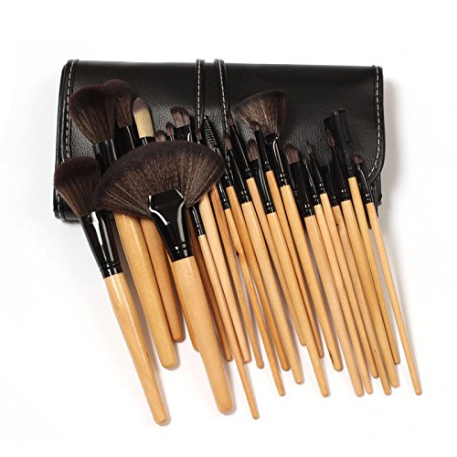Professional 24-Piece Wooden Makeup Brush Set with Black PC Pouch - Foundation, Powder, & Cosmetic Brushes for Flawless Makeup Application at Home or On-the-Go