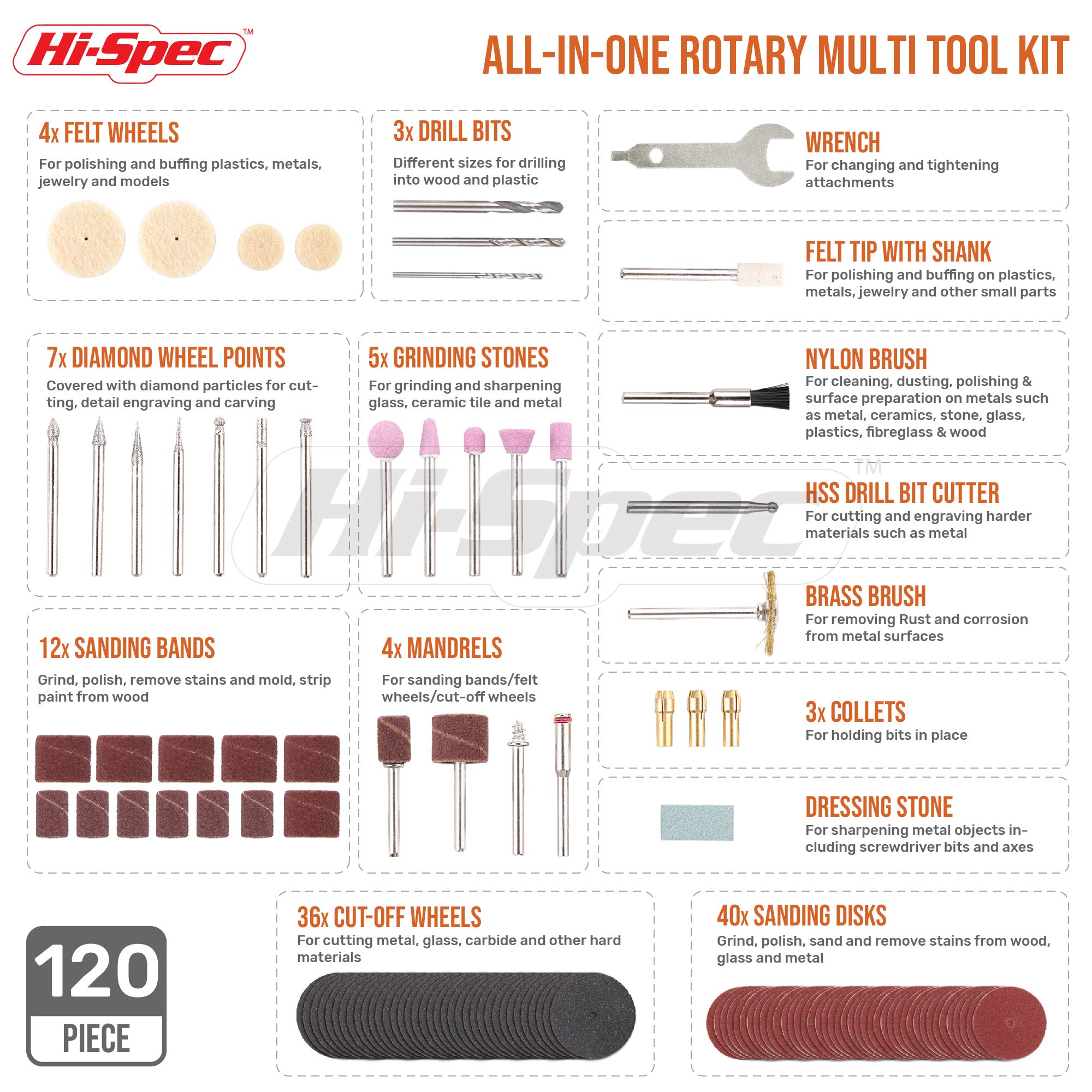 Hi-Spec 130W Rotary Tool Kit with 121-Piece Dremel Compatible Accessories - Perfect for Drilling, Cutting, Grinding & Sanding in DIY Projects, Home Repairs, Woodworking & Crafting