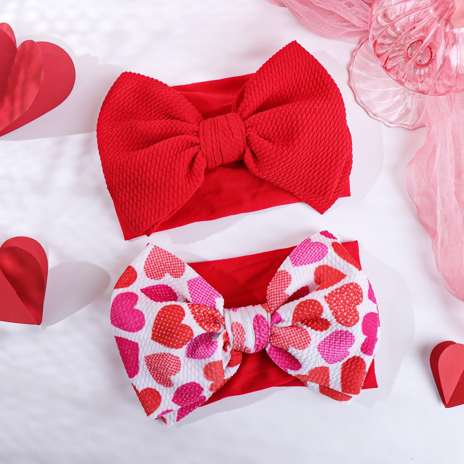 Valentine's Day Red Nylon Heart Headbands for Baby Girls - Handmade Hair Bows for Newborns, Toddlers & Infants - Perfect for Valentine's Gifts, Photo Shoots & Special Occasions