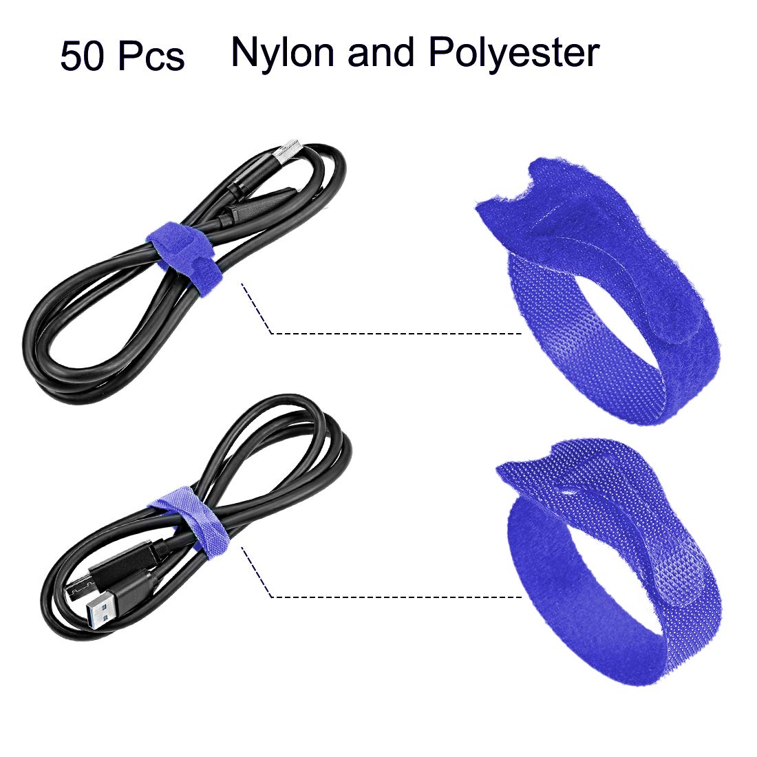 uxcell Reusable Cable Ties 8 Inch Hook and Loop Cord Wraps - Adjustable Strap Organizer (50pcs, Blue) - Perfect for Home Office, Computer Wires & Electronics Cable Management