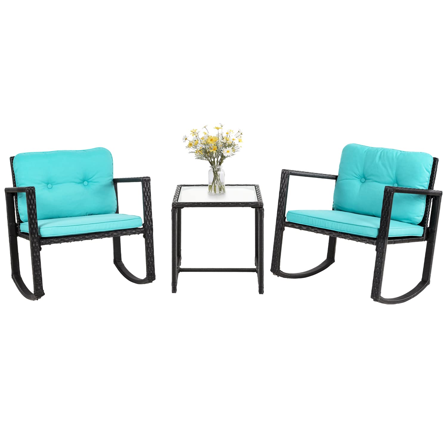 **FDW 3-Piece Rocking Bistro Set - Outdoor Rattan Wicker Conversation Set with Blue Cushions & Glass Coffee Table - Perfect for Balcony, Poolside, Garden, Patio, Porch & Backyard Relaxation**