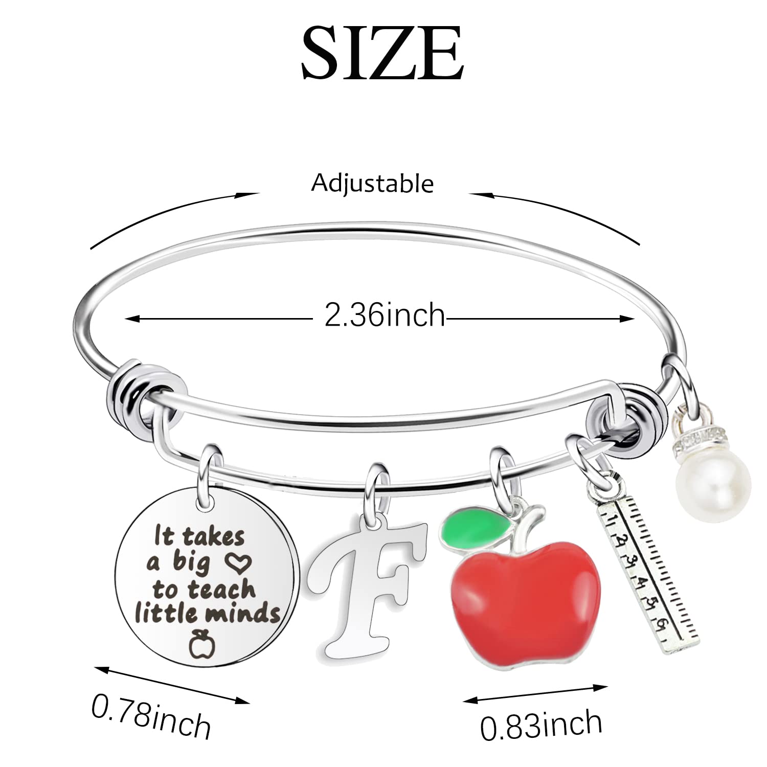 Scwasen Initial Teacher Bracelet for Women - Heart Shaped Teacher Appreciation Gift with 'It Takes a Big Heart to Teach Little Minds' Engraving - Perfect Thank You Gift for Teachers Day, Graduation, Retirement & Everyday Appreciation